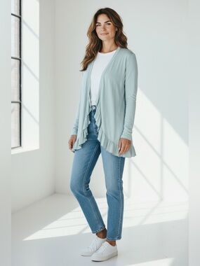 Mododoc Ruffle Hem Cardigan Blue Size Small